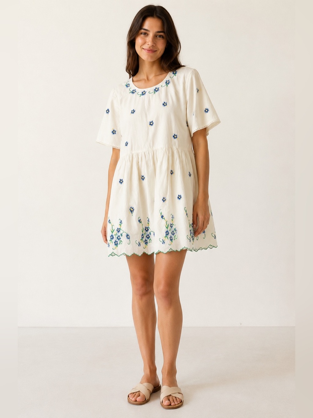 dRA Los Angeles Ivory Floral Embroidered Cotton Babydoll Dress Small